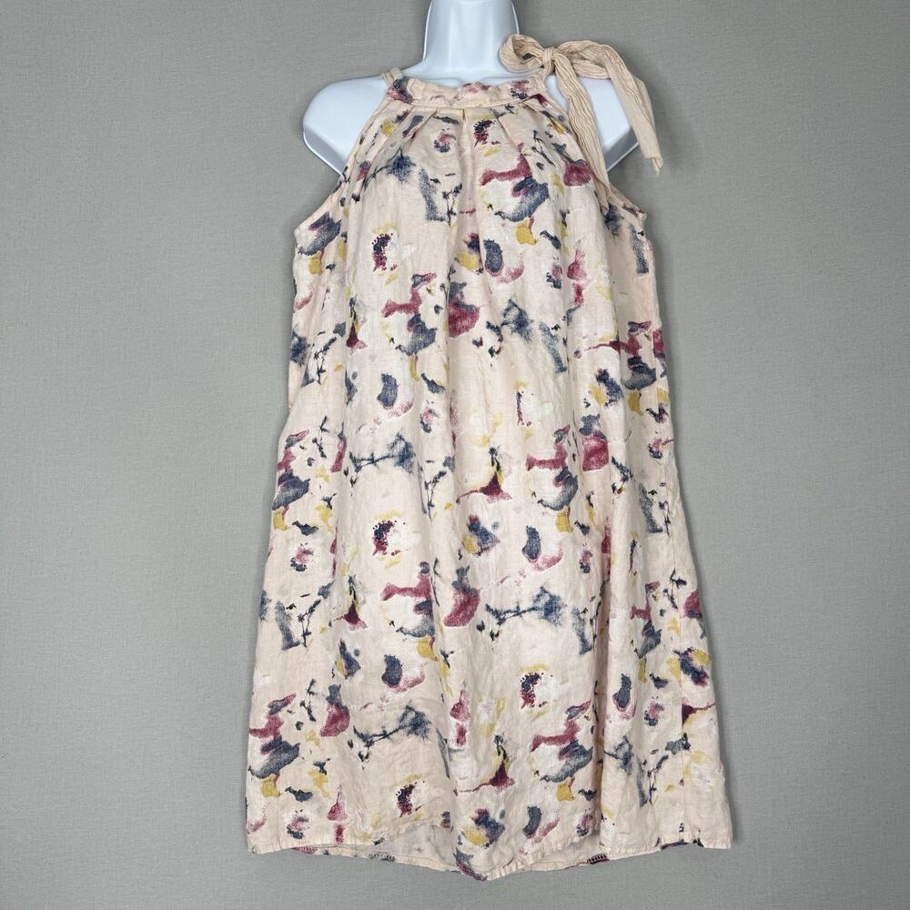 Bellambria Womens Dress S 100% Linen Pink Watercolor Floral Bow Tie Halter Beach